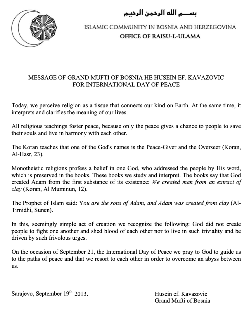 Message from the Grand Mufti of Bosnia to mark the International Day of Peace