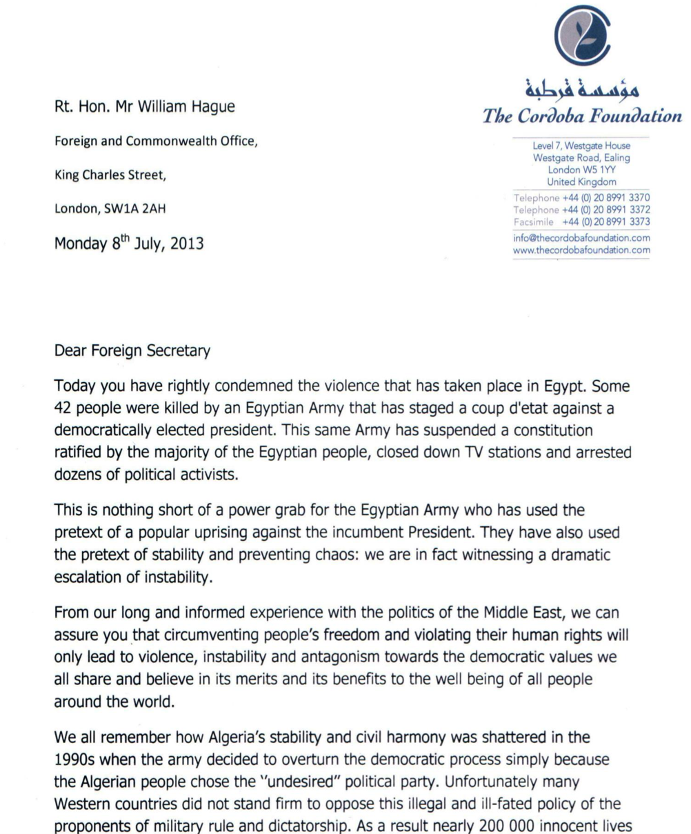 The Cordoba Foundation writes to the US Secretary of State and UK Foreign Secretary regarding Egypt